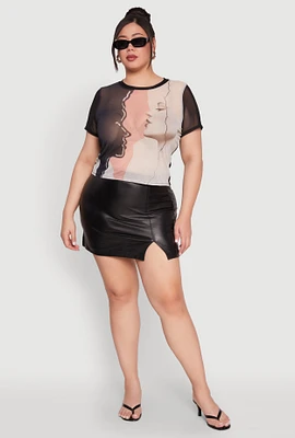 Womens Plus Size Faces Graphic Print Mesh Crop Top, Multi, Size 2X