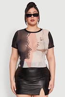 Womens Plus Size Faces Graphic Print Mesh Crop Top, Multi, Size 2X