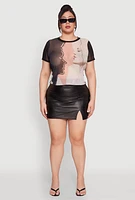 Womens Plus Size Faces Graphic Print Mesh Crop Top, Multi, Size 2X