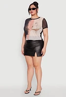 Womens Plus Size Faces Graphic Print Mesh Crop Top, Multi, Size 2X
