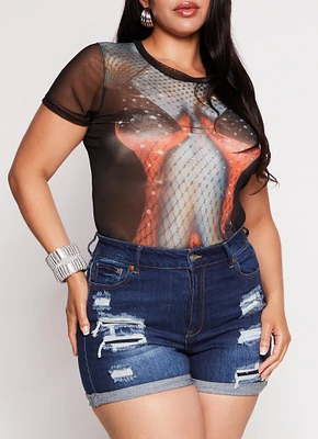 Womens Plus Size Body Heat Rhinestone Illusion Print Mesh Top, Multi, Size 2X