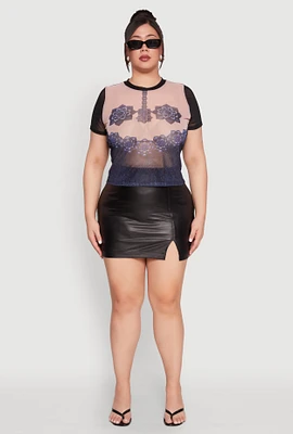Womens Plus Size Graphic Print Mesh Tee, Multi, Size 2X