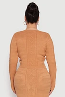Womens Plus Size Daisy Cable Knit Crew Neck Sweater, Brown, Size 2X