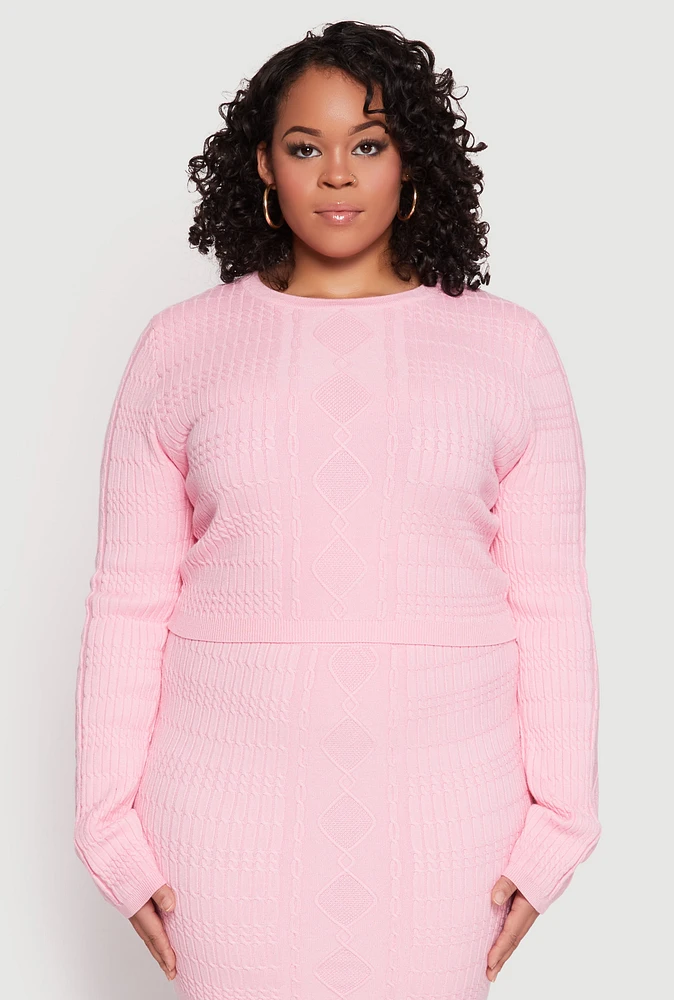 Womens Plus Size Daisy Cable Knit Crew Neck Sweater, Pink, Size 2X