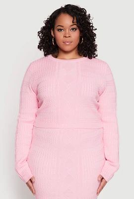 Womens Plus Size Daisy Cable Knit Crew Neck Sweater, Pink, Size 2X