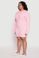 Womens Plus Size Daisy Cable Knit Crew Neck Sweater, Pink, Size 2X