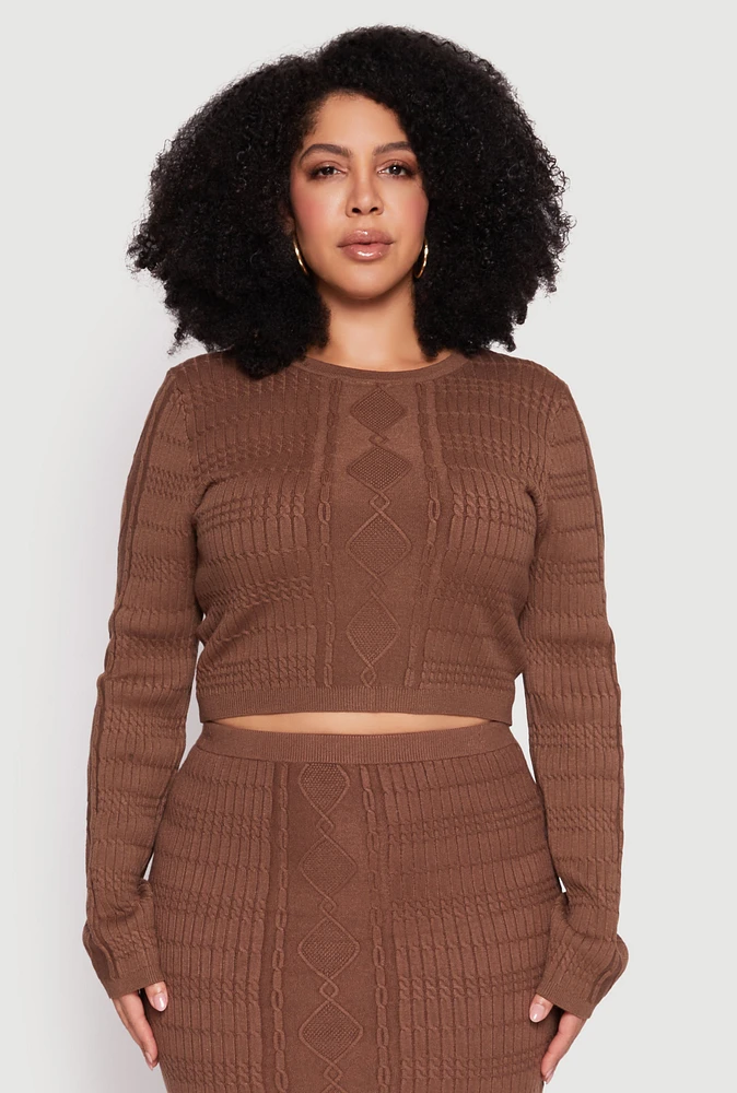 Womens Plus Size Daisy Cable Knit Crew Neck Sweater, Brown, Size 3X