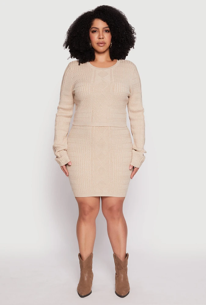 Womens Plus Daisy Cable Knit Pencil Skirt, Khaki,