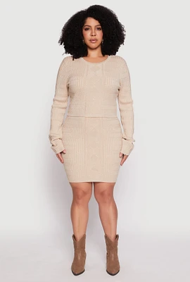 Womens Plus Daisy Cable Knit Pencil Skirt, Khaki,