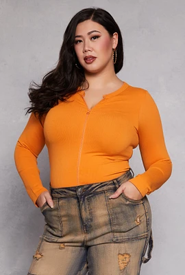 Womens Plus Size Seamless Zip Front Top, Yellow, Size 1X