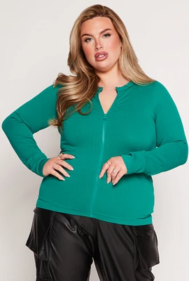 Womens Plus Size Seamless Zip Front Top, Green, Size 1X
