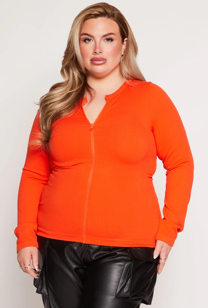 Womens Plus Size Seamless Zip Front Top, Orange, Size 3X