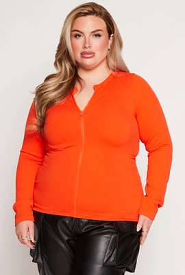 Womens Plus Size Seamless Zip Front Top, Orange, Size 1X