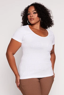 Womens Plus Size Seamless Greek Key Scoop Neck Top, White, Size 2X