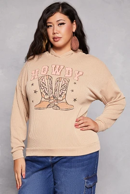 Womens Plus Size Howdy Hooded Sweatshirt, Beige, Size 1X