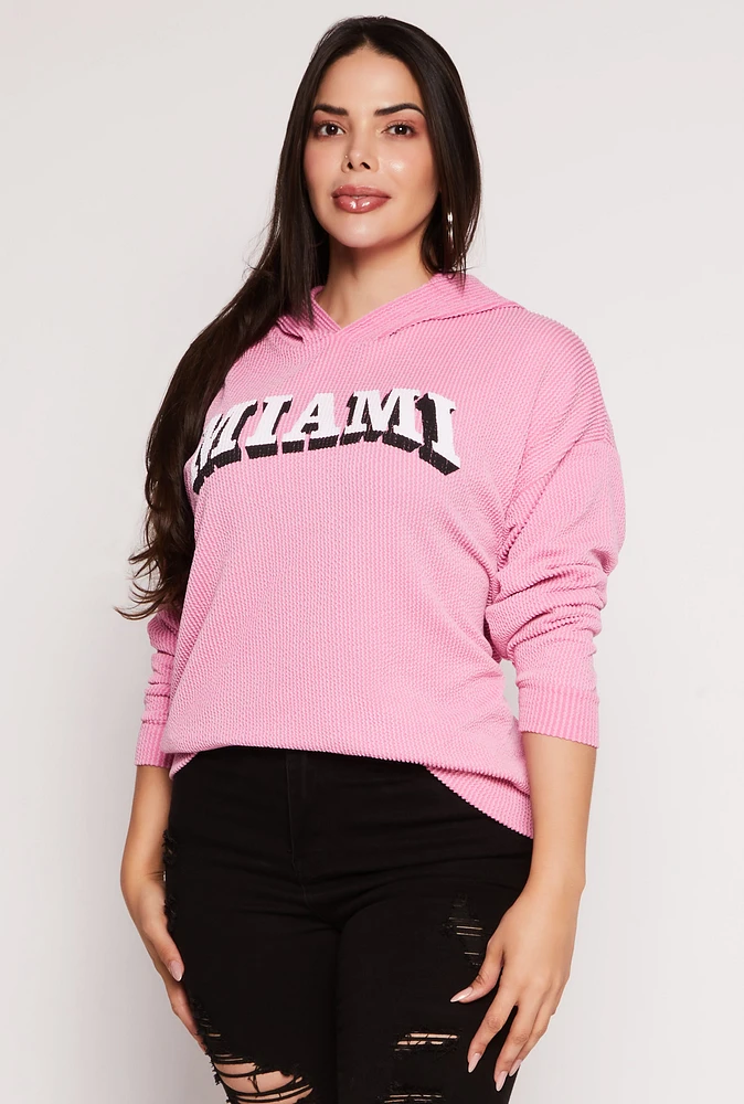 Womens Plus Size Miami Graphic Hooded Top, Pink, Size 1X