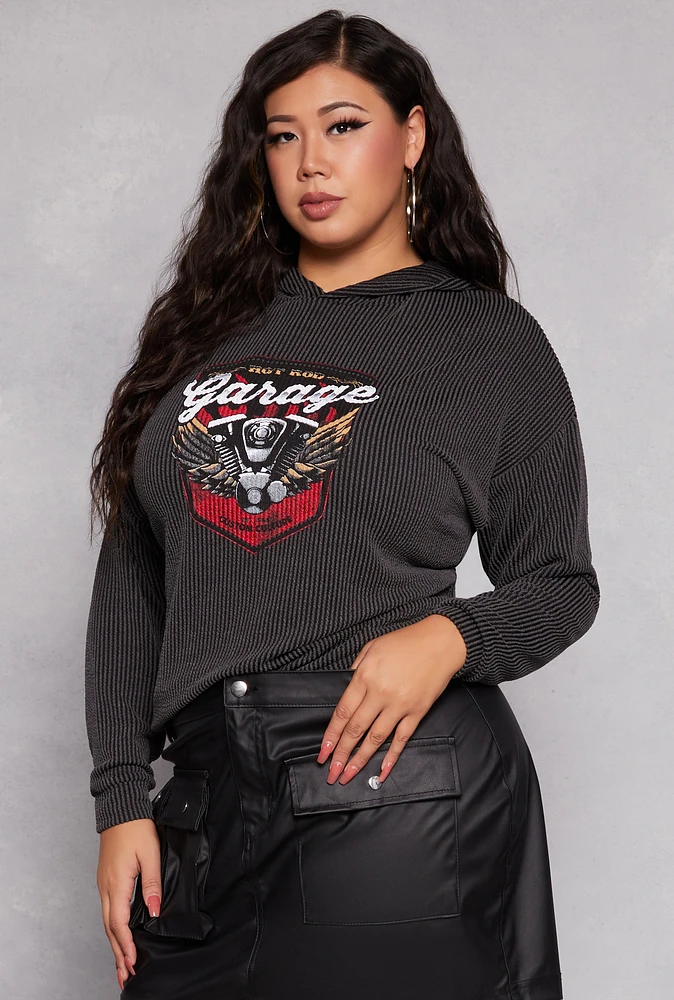 Womens Plus Size Textured Knit Garage Graphic Sweatshirt, Grey, Size 1X