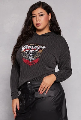 Womens Plus Size Textured Knit Garage Graphic Sweatshirt, Grey, Size 1X