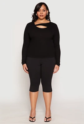 Womens Plus Size Ribbed Knit Keyhole Top, Black, Size 3X