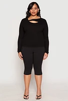 Womens Plus Size Ribbed Knit Keyhole Top, Black, Size 3X