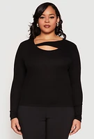 Womens Plus Size Ribbed Knit Keyhole Top, Black, Size 3X