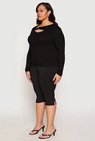 Womens Plus Size Ribbed Knit Keyhole Top, Black, Size 3X