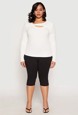 Womens Plus Size Ribbed Knit Keyhole Top, White, Size 2X