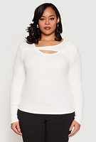 Womens Plus Size Ribbed Knit Keyhole Top, White, Size 3X