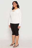 Womens Plus Size Ribbed Knit Keyhole Top, White, Size 2X