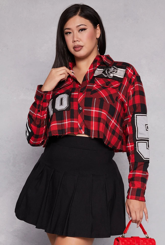 Womens Plus Size Spoon Jeans Graphic Patch Plaid Cropped Shirt, Red, Size 1X
