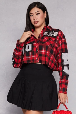 Womens Plus Size Spoon Jeans Graphic Patch Plaid Cropped Shirt, Red, Size 1X