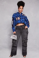 Womens Plus Size Spoon Jeans Graphic Patch Plaid Cropped Shirt, Blue, Size 1X