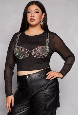 Womens Plus Size Rhinestone Bralette Mesh Long Sleeve Crop Top, Black, Size 1X