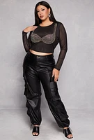 Womens Plus Size Rhinestone Bralette Mesh Long Sleeve Crop Top, Black, Size 1X
