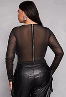 Womens Plus Size Rhinestone Bralette Mesh Long Sleeve Crop Top, Black, Size 1X