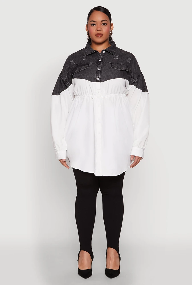 Womens Plus Denim Detail Distressed Tunic Shirt, White,