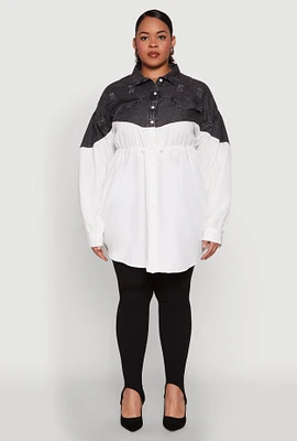 Womens Plus Denim Detail Distressed Tunic Shirt, White,