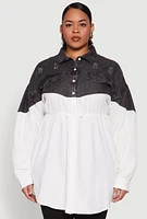 Womens Plus Denim Detail Distressed Tunic Shirt, White,