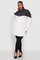 Womens Plus Denim Detail Distressed Tunic Shirt, White,