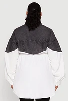 Womens Plus Denim Detail Distressed Tunic Shirt, White,