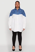 Womens Plus Denim Detail Distressed Tunic Shirt, White,