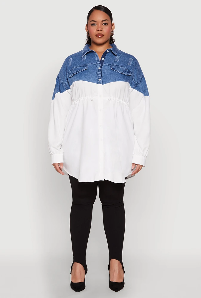 Womens Plus Size Denim Detail Distressed Tunic Shirt, White, Size 1X