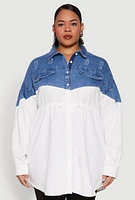 Womens Plus Denim Detail Distressed Tunic Shirt, White,
