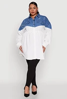 Womens Plus Denim Detail Distressed Tunic Shirt, White,