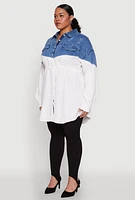 Womens Plus Denim Detail Distressed Tunic Shirt, White,