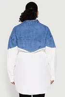Womens Plus Denim Detail Distressed Tunic Shirt, White,