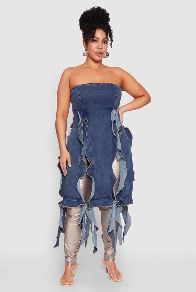 Womens Plus Size Ruffle Fringe Strapless Denim Maxi Top, Blue, Size 3X