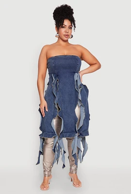 Womens Plus Size Ruffle Fringe Strapless Denim Maxi Top, Blue, Size 3X