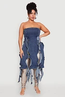 Womens Plus Size Ruffle Fringe Strapless Denim Maxi Top, Blue, Size 3X