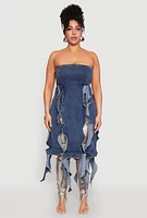 Womens Plus Size Ruffle Fringe Strapless Denim Maxi Top, Blue, Size 3X